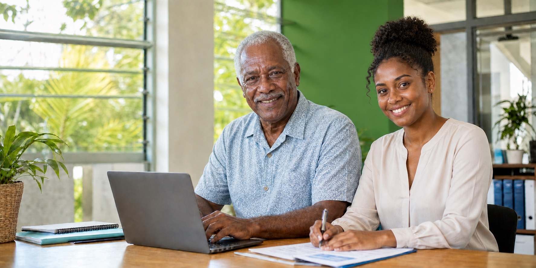 A VNPF member reviewing his account with a Fund officer at a branch desk